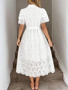 SHEIN PETITE CURVE Plus Size Women's Elegant Summer White Floral Lace Trim Dress,Embroidered Collar Cardigan Boho Vacation Holiday Outfits,Classy Tea Party Graduation - White - View 2