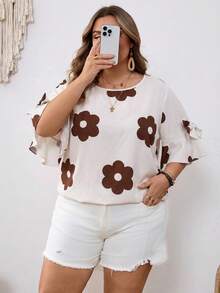SHEIN CURVE+ Curve 尺码 US22 音乐节、海滨度假、波西米亚风女士蝴蝶结装饰圆领紫红色衬衫，夏季 - 彩色 - 查看 6