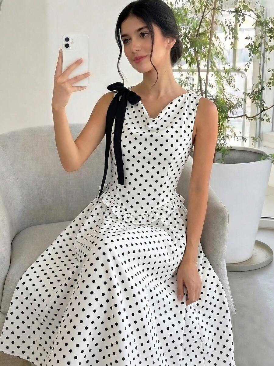Vestido casual de uso diario cómodo para adolescentes con lunares y decoración de moño en contraste de color - Blanco - Ver 1