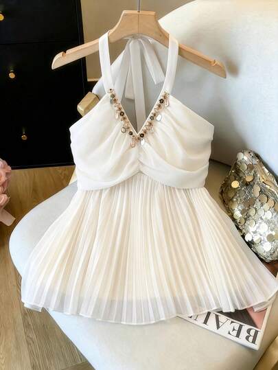 Franclia Camiseta elegante con pliegues y decorada con colgante de concha para mujer