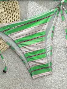 SHEIN Swim Mod Bộ bikini hai mảnh kiểu dáng thường ngày, kẻ sọc, đính hạt, buộc cổ, dành cho nữ, màu nâu. - màu xanh lá - Xem 5