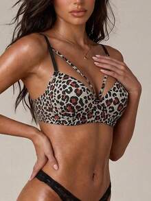 DAZY Leopard Print Adjustable Spaghetti Strap Lightly Padded Bra For Women - Black - View 1
