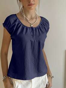 SHEIN Bubbli Women's Ruffle Collar Half-Open Neck T-Shirt - Navy Blue - View 3
