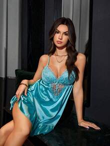 Heart Embroidery Faux Silk Spaghetti Strap Ruffle Hem Sexy Women Nightgown - Mint Green - View 3