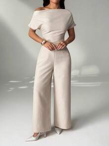 SHEIN PETITE Women's Summer New Arrival Simple Elegant Daily Casual Linen Commuter Wide Collar Off Shoulder Blouse And Wide Leg Pants Suit - Apricot - View 6