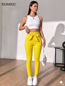 Pantalón con Cintas al Frente para Moño en Cintura.  Pantalón de Vestir Efecto Levanta Pompa. - Amarillo - Ver 2