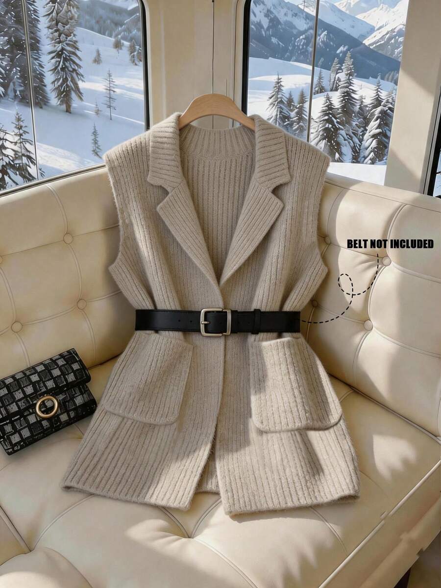 Qadelle Áo khoác cardigan dệt kim không cổ, có túi, kiểu dáng thanh lịch, thường ngày dành cho nữ, không kèm thắt lưng. - Xám - Xem 1