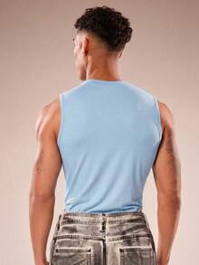 FeverCity Bodysuit Tanpa Lengan Seksi Pria dengan Motif Jala dan Patchwork - Biru - View 3