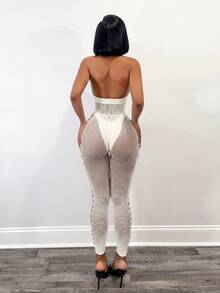 BamGleam Bộ jumpsuit lưới xuyên thấu gợi cảm hở lưng cổ yếm dành cho nữ - Màu be - Xem 2