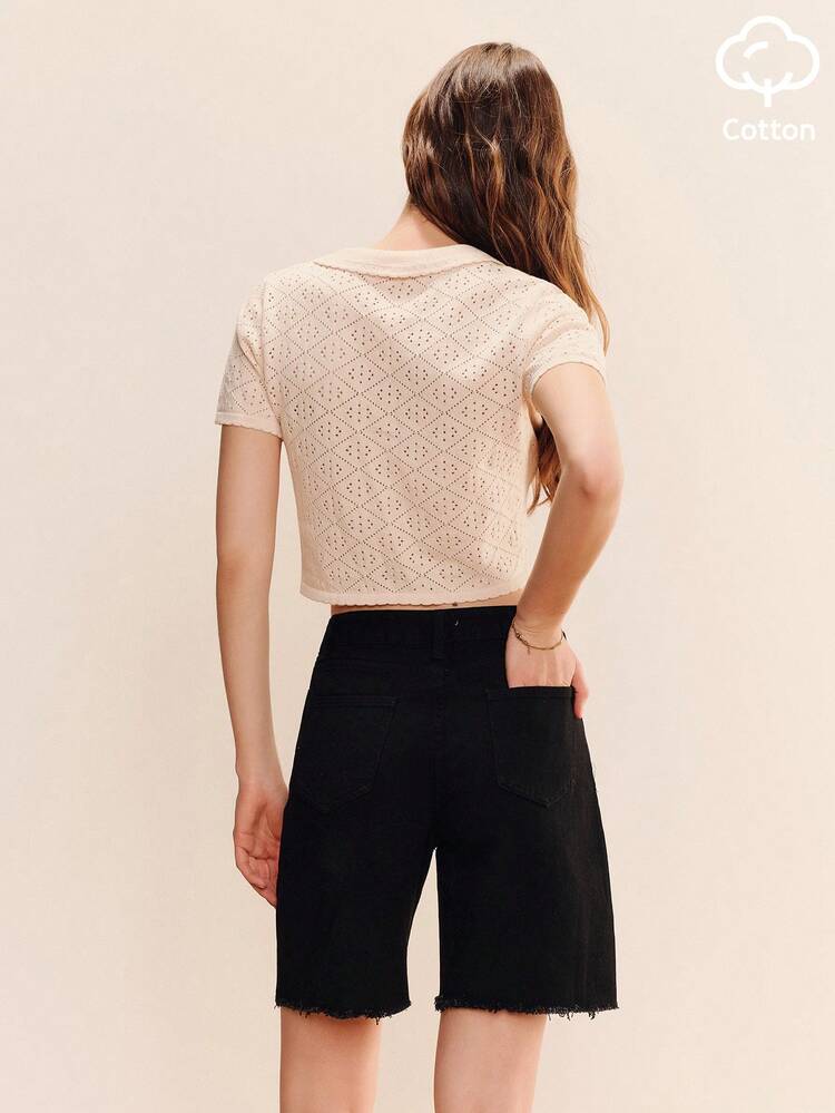 Cream Crochet Knit Short Sleeve Button Front Top With Oversized Collar Boho Vintage Spring Summer Holiday Top Summer Cotton Top French Style Vintage Top