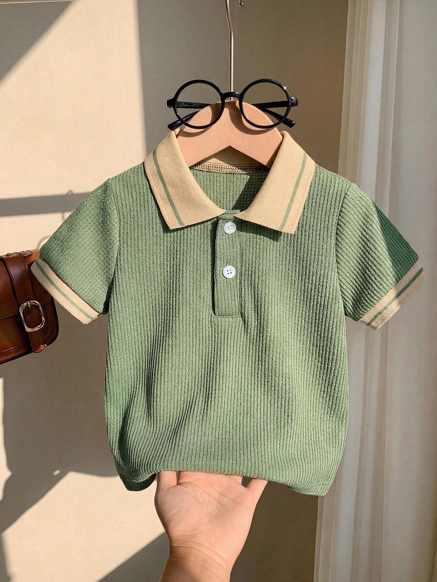 SHEIN Vintaside Kids 嬰兒男童鼠尾草綠華夫格 Polo 衫 夏季休閒短袖上衣 返校日職業日復古復古風幼童服裝 6M-3T