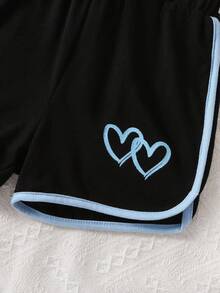 SHEIN Young Girl Heart Print Short Sleeve T-Shirt And Dolphin Shorts Set, Casual Sports Everyday Commute - Multicolor - View 4