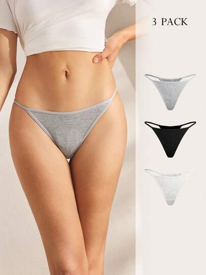 Ocili 3pcs Women Solid Color Ribbed G-String Panties, Casual