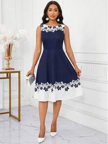 SHEIN Lady Váy không tay in hoa và khối màu thanh lịch dành cho nữ, mùa hè - Màu xanh hải quân - Xem 6