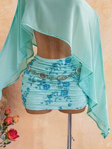 Soleia Bộ 2 món dành cho nữ: Áo khoác ngoài cổ lệch gợi cảm + Chân váy mini xếp ly đính đá bằng chiffon, trang phục thường ngày cho kỳ nghỉ biển, hẹn hò, tiệc trà chiều, đi biển, du thuyền, du lịch thành phố, lễ hội âm nhạc, tiệc tùng, kỳ nghỉ phong cách boho, đi làm hàng ngày, trang phục nghỉ dưỡng gợi cảm, chất liệu móc len, vải lanh. - Màu xanh bạc hà - Xem 6