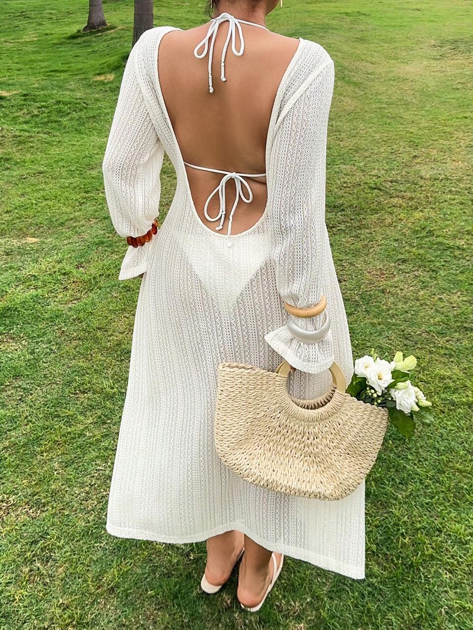 Dazy Plus Long Sleeve Fitted Mesh Backless Sexy Casual Swimsuit Cover Up Dress