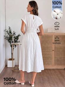 EMERY ROSE Đầm nữ màu trơn cổ tròn tay ngắn, eo nhún bèo, kiểu dáng thường ngày. - trắng - Xem 2