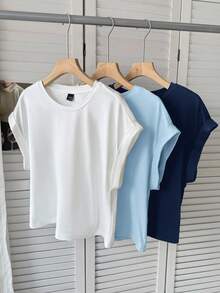 SHEIN LUNE 3件組女款休閒基本款純白短袖T恤可愛上衣居家機場穿搭街頭風夏季女款短版上衣素色T恤女上衣音樂節穿搭休閒日穿夏季上衣 - 淺藍色 - 查看 3