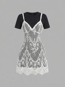 SHEIN MOD Plus Size Lace 2 In 1 Black & White Short Dress - White - View 8