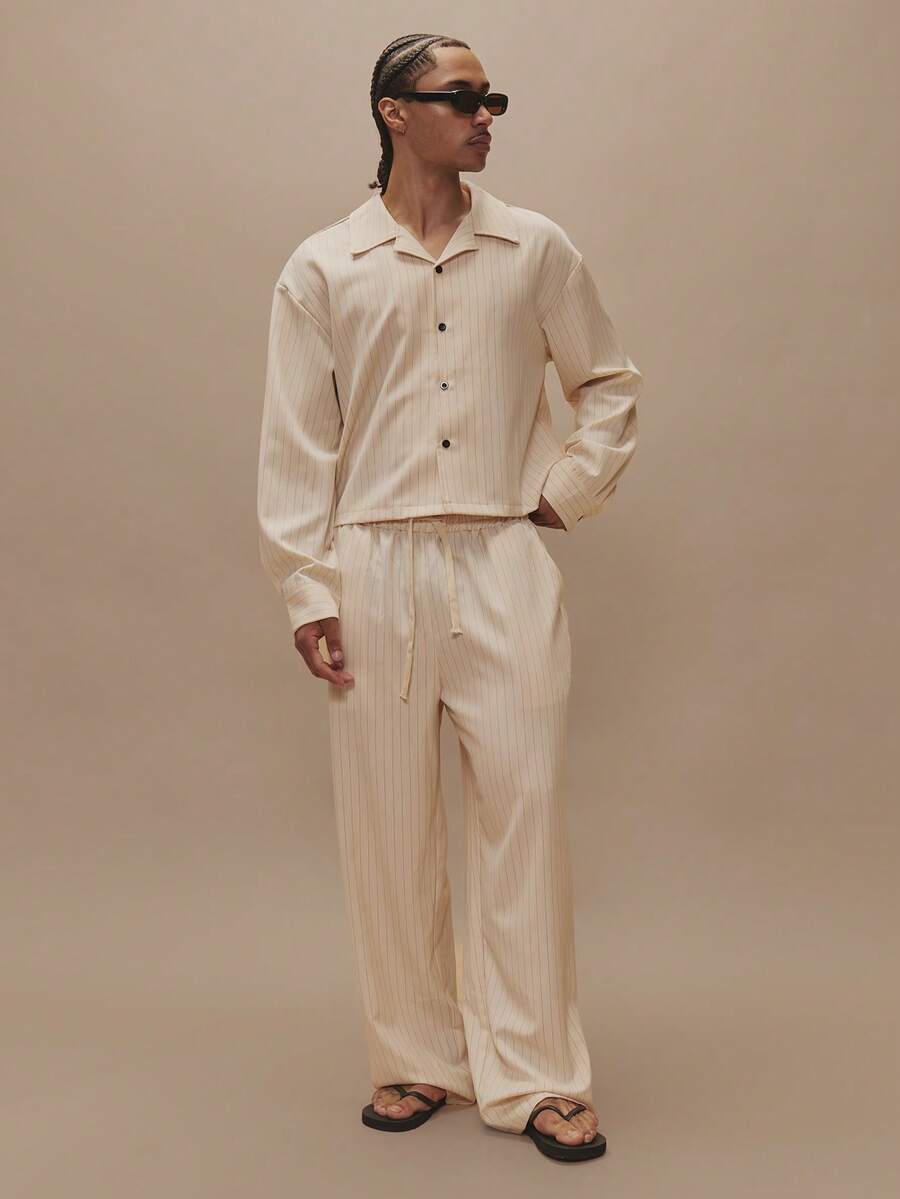 Loose Fit Pinstripe Elasticated Drawstring Waistband Smart Style Pinstripe Trouser Bottoms Co Ord Pants Only Spring Summer Essentials Holiday - Apricot - View 1