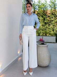 Bris Aura Casual Straight High Waist Solid Color Trousers White - White - View 4