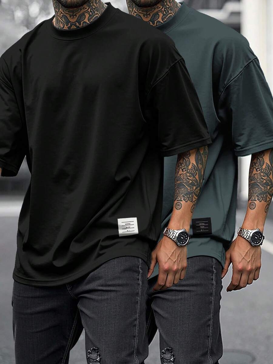 Manfinity Homme 夏季男士休闲宽松短袖T恤两件套 - 黑色 - 查看 1