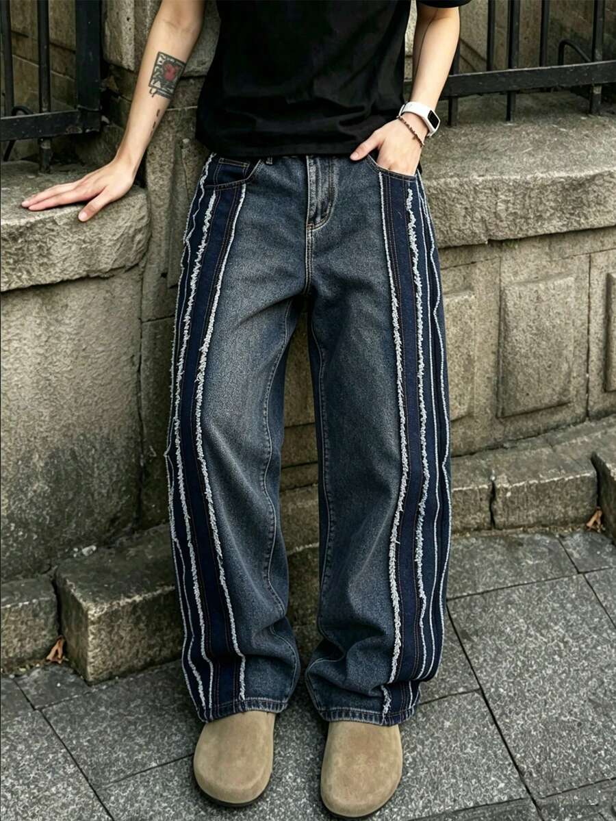 Manfinity EMRG 男士美式时尚街头休闲做旧宽松水洗牛仔裤 - 藍色 - 查看 1