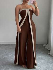 Elenzga Jumpsuit Kasual Ukuran Besar dengan Warna Kontras dan Celana Panjang Lurus untuk Wanita - Coklat - View 1
