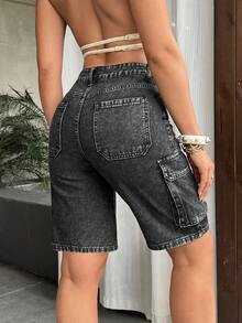 SHEIN Tall 女士带口袋纽扣休闲牛仔短裤，适合日常穿着 - 黑色 - 查看 2