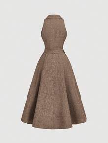 SHEIN MOD 卡其色 70 年代翻领落肩无袖连衣裙，复古学院风，西部风格 - 棕色 - 查看 2