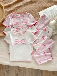 Cozy Pixies Bộ đồ mặc nhà 6 món màu hồng kẻ sọc dễ thương họa tiết trái tim và nơ cho bé gái, gồm áo thun và quần, thích hợp cho mùa hè. - Nhiều màu - Xem 7