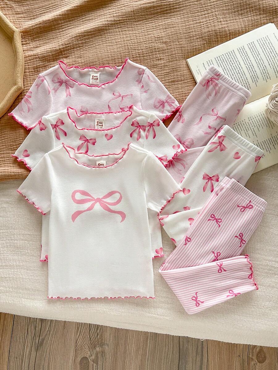 Cozy Pixies Conjunto de ropa de estar en casa casual para niñas bebé con estampado de rayas rosas, corazones y lazos, camiseta y pantalones para casa y salidas, adecuado para el verano, 3 conjuntos