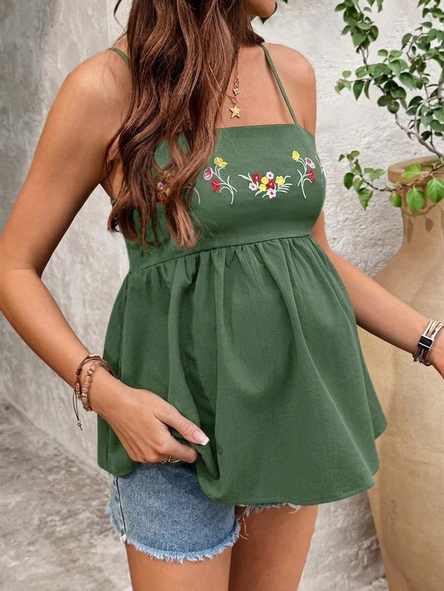 SHEIN 夏季孕妇绿色花卉刺绣休闲吊带背心 - 綠色 - 查看 1