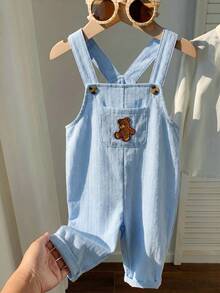 SHEIN Bộ yếm ăn cho bé trai kiểu dáng thường ngày, dễ thương, đa năng, họa tiết gấu hoạt hình kẻ sọc. - Màu xanh lam - Xem 7