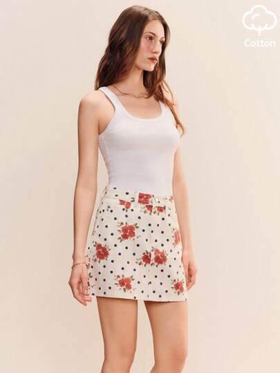 lacRébo Polka Dot And Floral Vintage Style Printed Lightweight Denim Mini Skirt Spring Summer French Style Cotton Skirt Polkadot Skirt Floral Skirt White Cotton Skirt