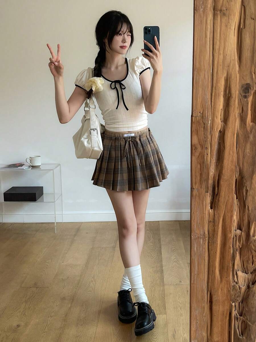DAZY 女士格子休闲宽松A字裙 - 咖啡棕 - 查看 1