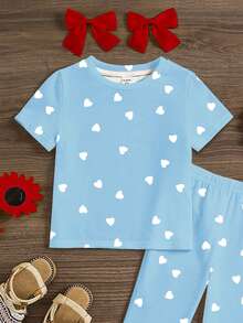 2pcs/Set Young Girl Sweet Heart Print Round Neck Short Sleeve T-Shirt And Flare Pants,Family Matching,Summer,Hippie Style,Music Festival,Vintage - Multicolor - View 4