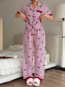 Napfluff Contrast Color Bow Striped Print Lapel Red Button Short Sleeve Top And Pants Sleepwear Set, Pink Striped Bow Print PJS, Suitable For Home Wear - Hot Pink - View 4