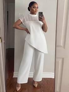 SHEIN Lady CURVE Áo kiểu nữ cỡ lớn thanh lịch tay cánh dơi vạt lệch vai, kiểu dáng thường ngày. - trắng - Xem 3