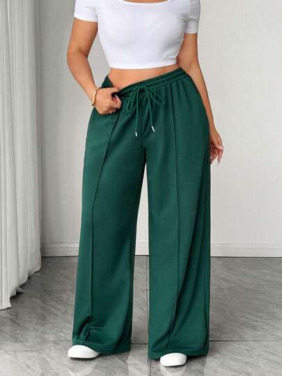 Elenzga Plus Size Women Elegant Casual Loose Solid Green Wide Leg Pants With Tie