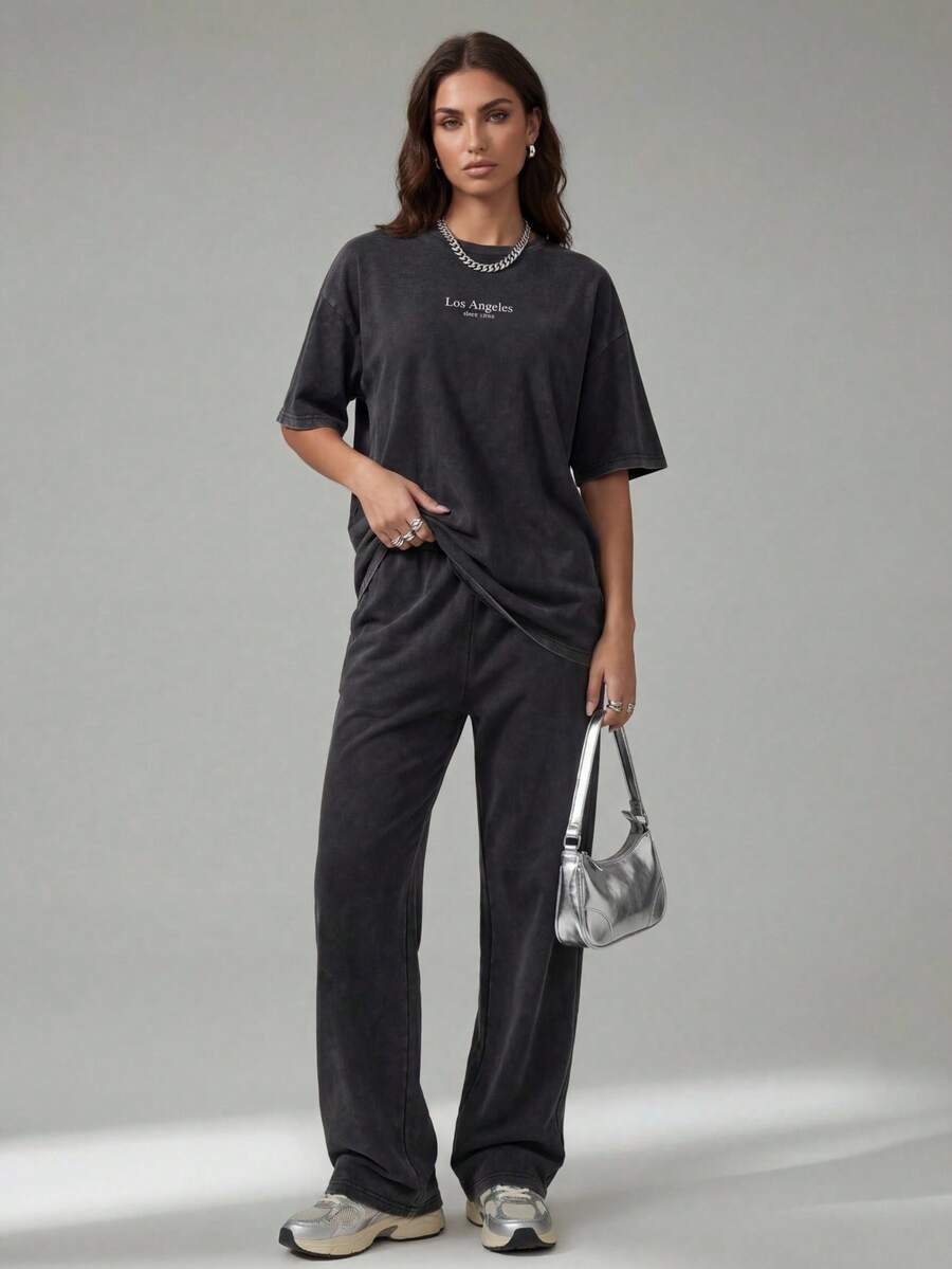 SHEIN Tall Trang phục nữ phương Tây, áo thun và quần tây kiểu dáng thường ngày, hoàn hảo cho các lễ hội âm nhạc. - Xám - Xem 1