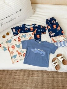 SHEIN 6件套男女宝宝/幼儿可爱动物印花短袖T恤短裤套装，睡衣，家居服套装，男婴夏季服装，睡衣 - 霧霾藍 - 查看 4