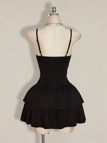 SHEIN ICON Women's Elegant Lace Patchwork Double-Layer Ruffle Hem Dress,Dresses For Women Summer - Black - View 2
