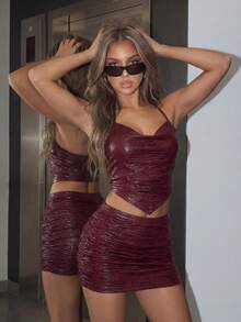SHEIN ICON 女士纯色褶裥紧身裙 - 酒紅色 - 查看 6
