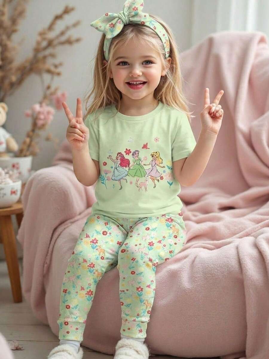 Bộ đồ ngủ ngắn tay cổ tròn ôm sát người, tối giản, trang trí nơ cho bé gái, thích hợp cho mùa xuân/hè. - màu xanh lá - Xem 1