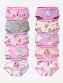 SHEIN 5件組女童幼兒內褲 彈性腰帶三角內褲 四季全年穿著 多色粉色紫色灰色白色 可愛卡通美人魚鱗片與條紋印花 日常居家休閒穿著 柔軟透氣純棉親膚布料 高品質兒童衣櫥基本款 舒適彈性貼身 隨機組合盲盒多件裝 - 彩色 - 查看 3