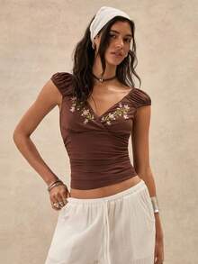 Easelle Brown Embroidered Fitted Camisole, Petite Size Summer Festival Outfits For Women Vacation Outfits Women Country Concert Outfit Floral Embroidery,Summer Top - Mocha Brown - View 6