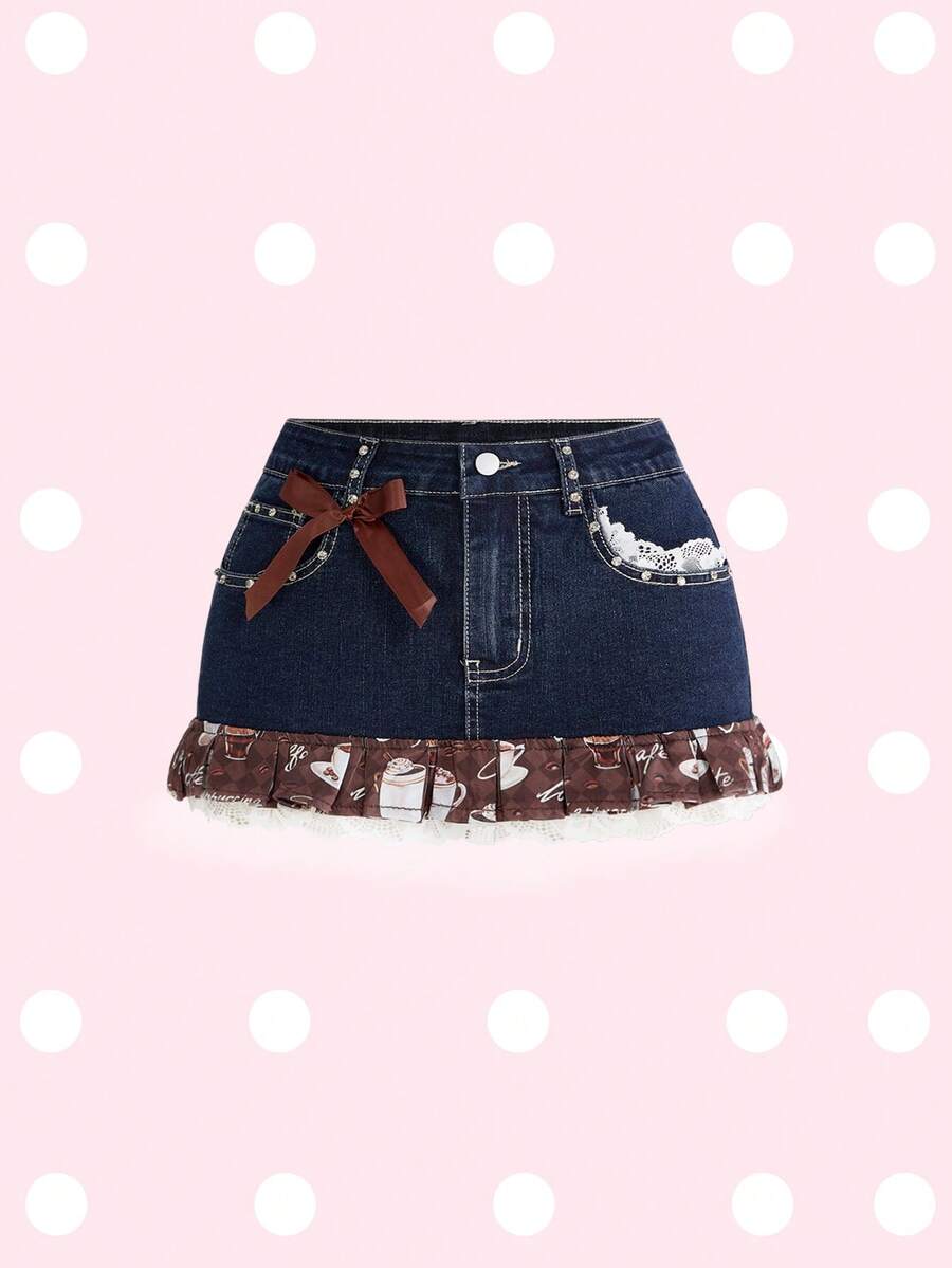 ROMWE Chân váy ngắn denim xếp ly ren in họa tiết món tráng miệng sô cô la Y2K dành cho nữ - Màu xanh hải quân - Xem 1