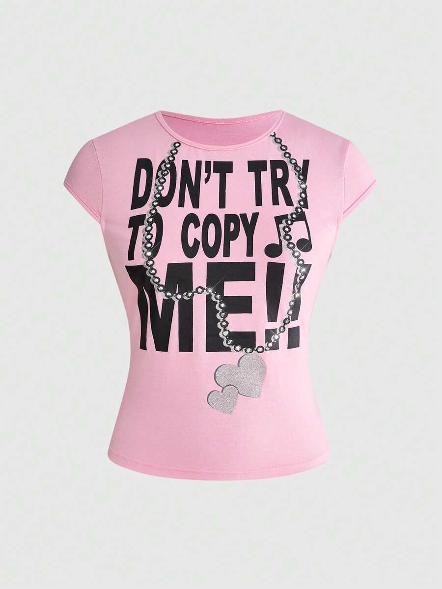 ROMWE Y2K Slogan Bling Bodycon T-Shirt For Women - Pink - View 1