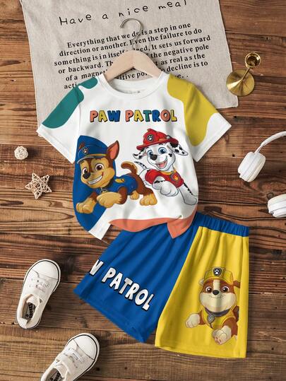SHEIN | PAW Patrol Bộ áo thun ngắn tay và quần short in hình hoạt hình dành cho bé trai.